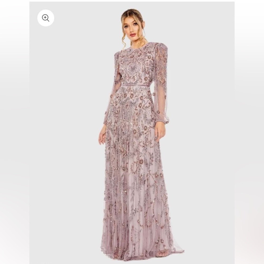 New MAC DUGGAL size 14 93930 Puff Sleeve Embellished A Line Gown Heather